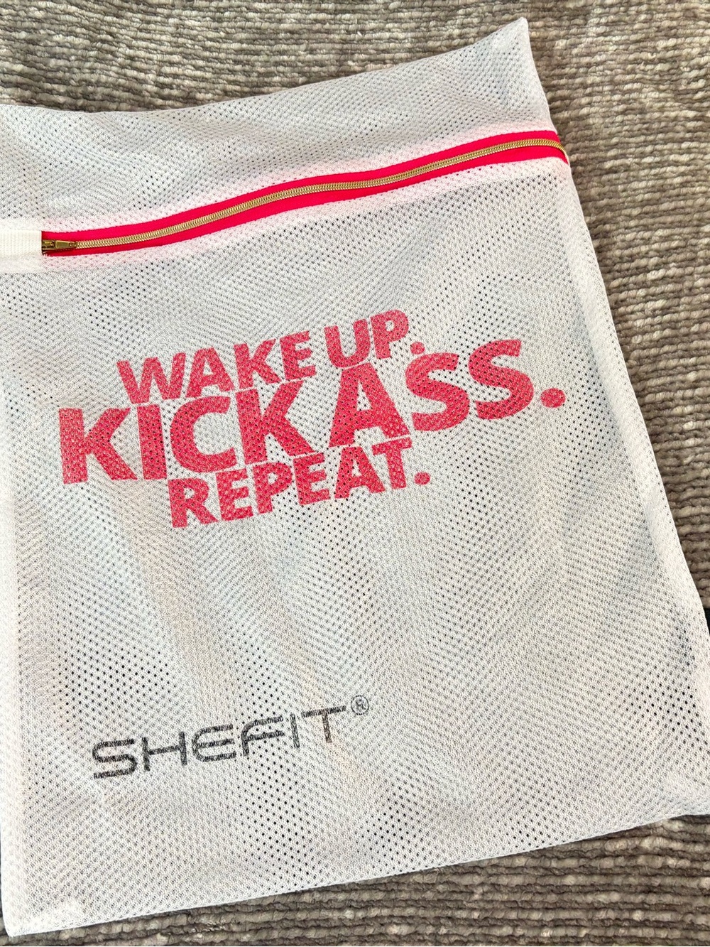 SHEFIT White Mesh Laundry Bag with Pink Accent
